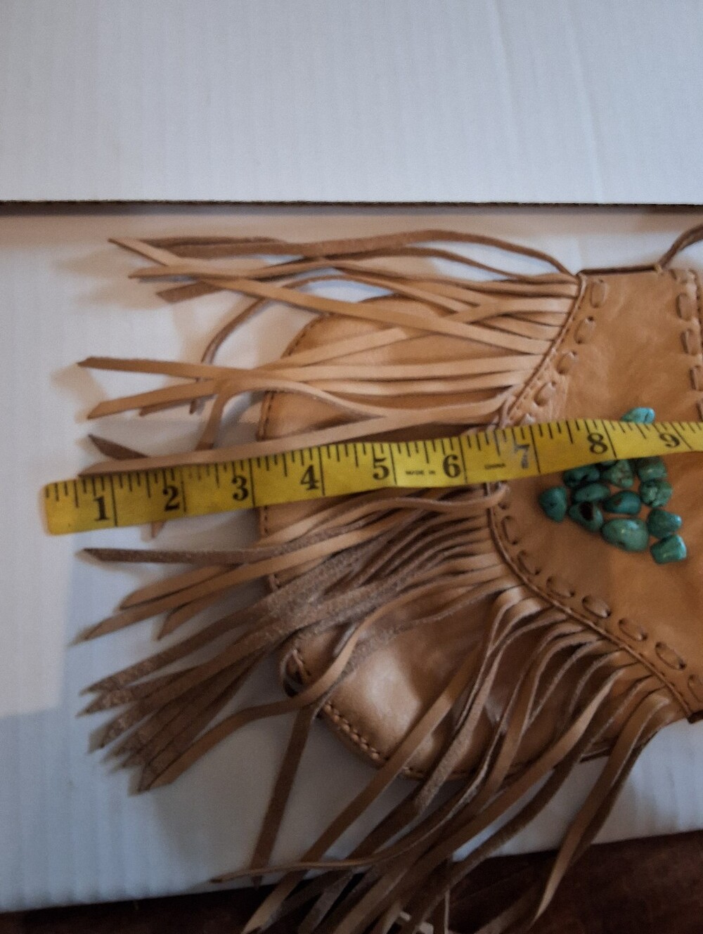 Lucky Brand Tan Leather Fringe Crossbody Bag Turquoise Boho Southwestern Purse - Picture 5 of 13